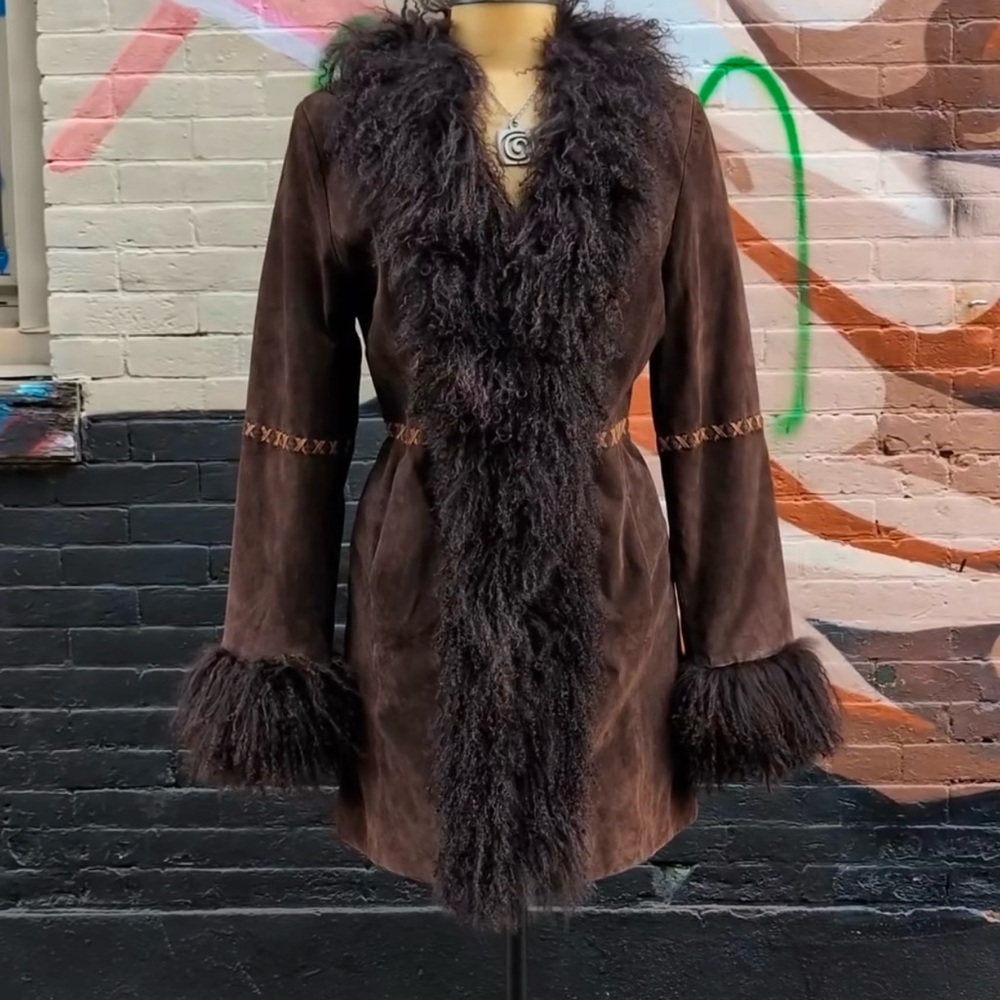 Y2K Genuine Suede Leather Chocolate Brown long Coat with suede stitch Lamb Fur - Picture 1 of 11